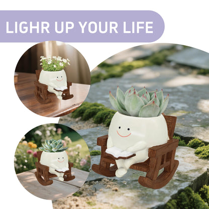 yiilead Smiley Face Planter Pot, Cute Plant Pots for Indoor Outdoor, Unique Reading Rocking Chair Plant Pot for Succulents Plants Live with Drainage Hole, Gift Idea for Mother Day and Christmas