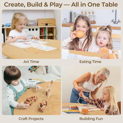 Bateso Kid Round Table and 4 Chairs Set with Storage Tub, Wooden Toddler Table Chair for Arts, Crafts, Eating, Learning, Kid Play and Activity Table for Home, Daycare or Playroom