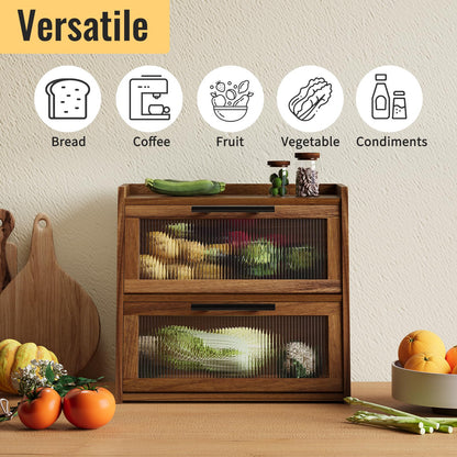 Furshus Bread Box for Kitchen Counter, Wooden Double Layer Bread Storage Container Bin,Bread Holde,Countertop Bread Storage with Window