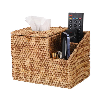 Sumnacon Tissue Box Square Tissue Box Cover with Storage Rattan Tissue Box Holder with 2 Side Organizer,Wicker Tissue Cover Cube Tissue Holder for Bathroom Living Room Table Desk Office