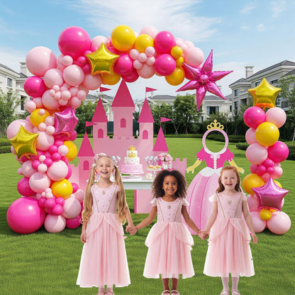Hot Pink Yellow Balloon Arch Kit 160pcs with Large Pink Gold Star Five-Point Star Foil Balloons for super bro Princess Birthday baby shower peach Bridal shower Party Decorations