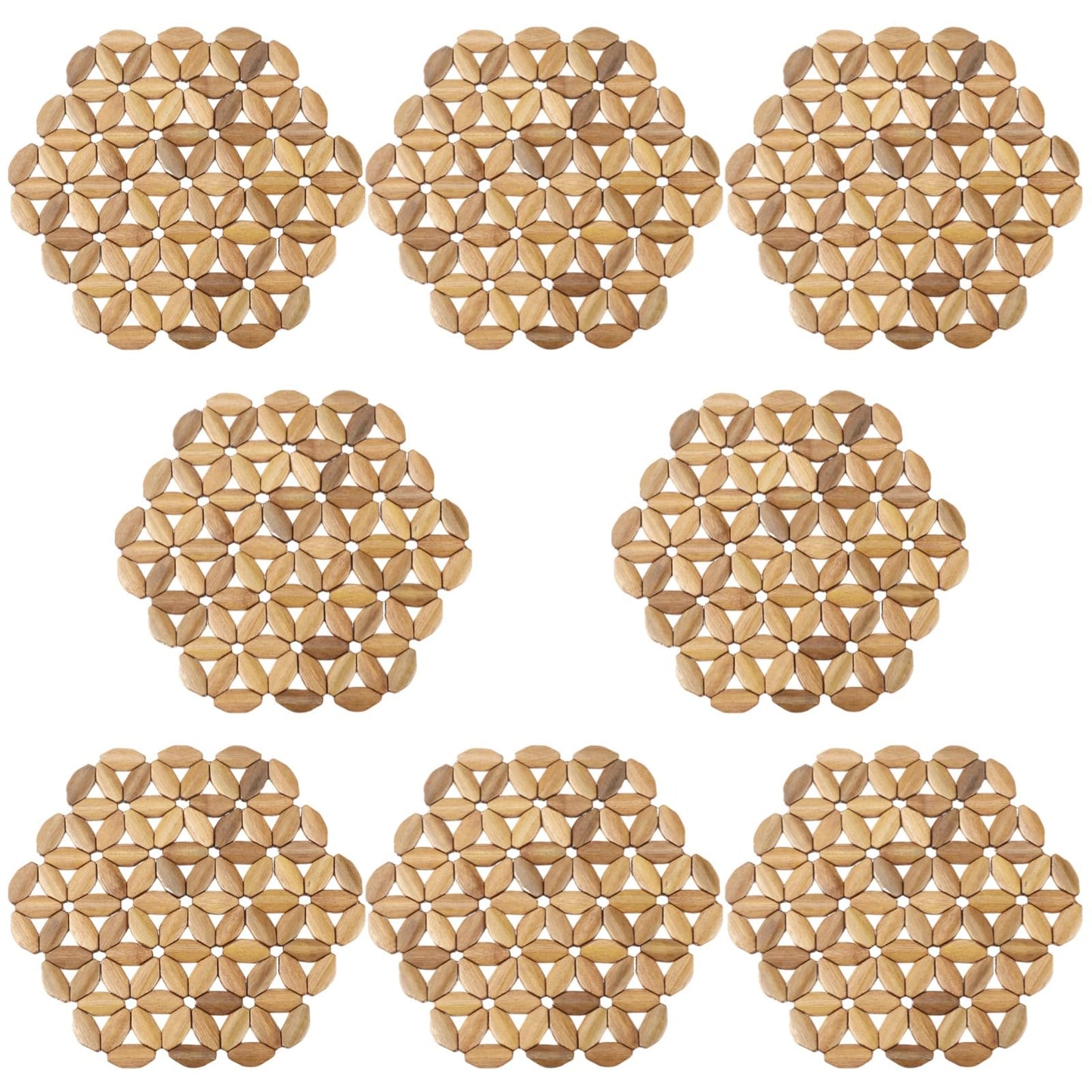 8 Pcs Bamboo Trivet Mat, 9.45 in Heat Resistant Table Protector Mats, Hexagonal Flower Design Hot Pads for Hot Dishes, Tea Coffee Pot, Plates, Pans and Bowls, Dining Kitchen Use