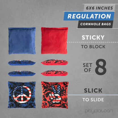 Play Platoon Professional Cornhole Bags - Set of 8 Regulation All Weather Double Sided - Sticky Side/Slick Side Bean Bags for Pro Corn Hole Game, Slick Duck Canvas & Sticky Suede - Peace