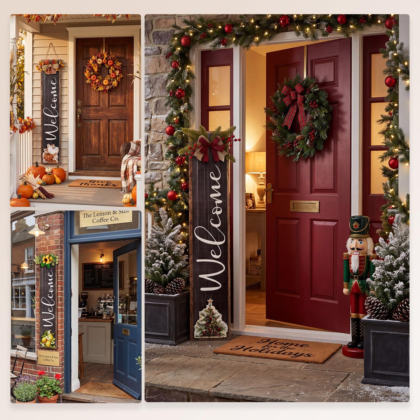 Novabright Interchangeable Welcome Sign for Front Porch Standing, 45.3" x 8.7" Summer Wood Leaner Sign with 5 Seasonal Wreaths & 16 Changeable Icons, Farmhouse Outdoor Decor for Holiday(Black)