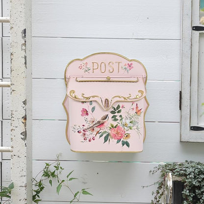 Vintage Wall Mount Mailbox for House Outside Metal Decorative Door Mailbox Antique Style Nostalgic Charm Home Decor Garden Vintage English Cottage for Home Garden House Farmhouse Porch Decor (Pink)