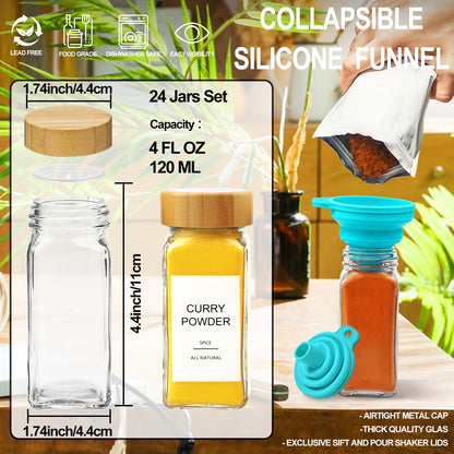 AISIPRIN Glass Spice Jars with 398 Labels, 24 pcs 4oz Spice Containers with Bamboo Lids, Square Spice Bottles With Shaker Lids,Spice Organization for Cabinet,Drawer,Rack,Seasoning Organizer