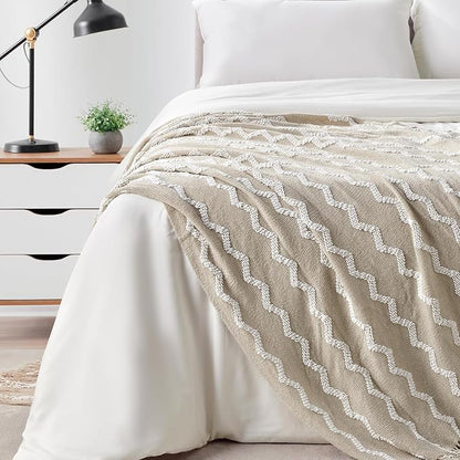 BOURINA Fluffy Chenille Knitted Fringe Throw Blanket Lightweight Soft Cozy for Bed Sofa Chair Throw Blankets, Beige 50" x 60"