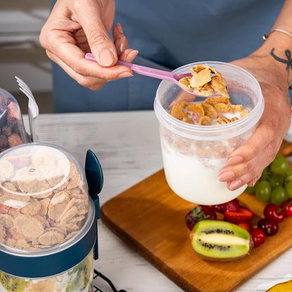4 Pack On The Go 37 oz Breakfast Cups with Lids and Spoon, Reusable Cereal Yogurt Cup with Topping Plastic Overnight Oats Container for Granola Oatmeal (37 oz- 4 Pack)
