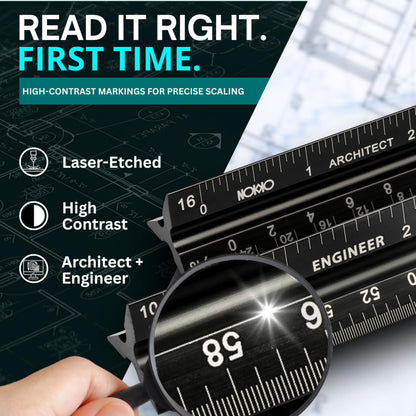 NOKKO Architectural Scale Ruler Set with Engineer Scale and Metal Ruler, 12 Inch Aluminum Drafting Rulers for Blueprints, Engineering Drawings and Floor Plans