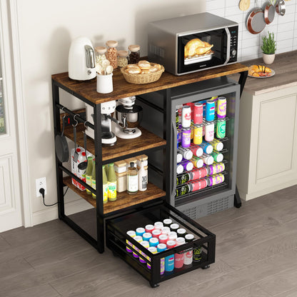 Beverage & Wine Fridge Stand with Movable Basket, Coffee Bar Cabinet with Mini Fridge Space and Power Outlet, Kitchen Storage Organizer with Worktop, Microwave Oven Stand Rack for Home, Dorm, Office