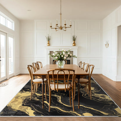 8x10 Area Rug Black and Gold Modern Large Rug for Living Room Indoor Machine Washable Abstract Rugs for Bedroom Ultra Soft Dining Room Carpet Non-Slip Non-Shedding Throw Rug for Home Office