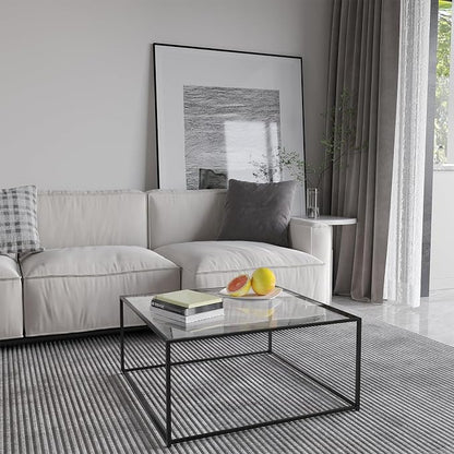 Glass Coffee Table Modern Center Table,Minimalist Coffee Table Sofa Side Tea Table for Living Room,Tempered Glass-top with Sturdy Metal Frame, Easy Assembly,26.4 x 26.4 x 15.7 Inches, Black