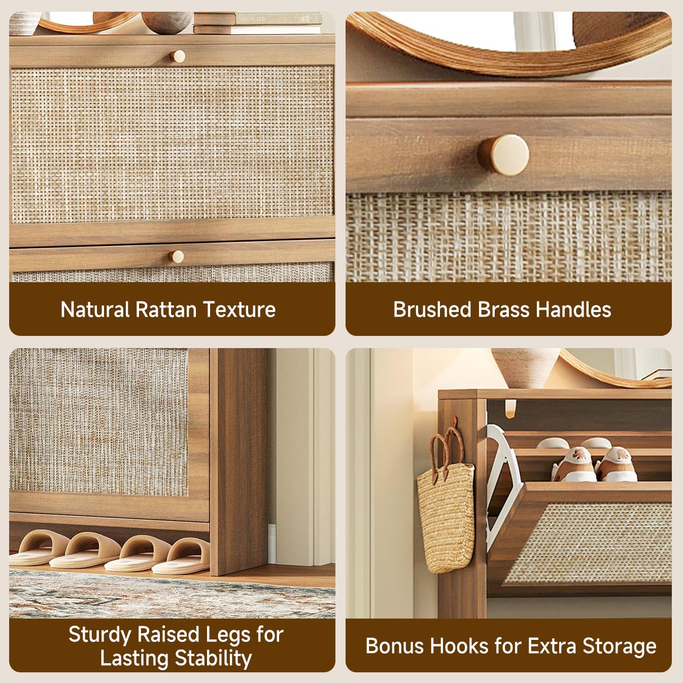 Nicetree Shoe Cabinet Storage for Entryway, 4-Flip Drawer Narrow Shoe Rack, Organic Modern Rattan Shoe Organizer with Gold Legs, Shoe Organizer Fits Men's Size 13.5, Toasted Caramel Walnut