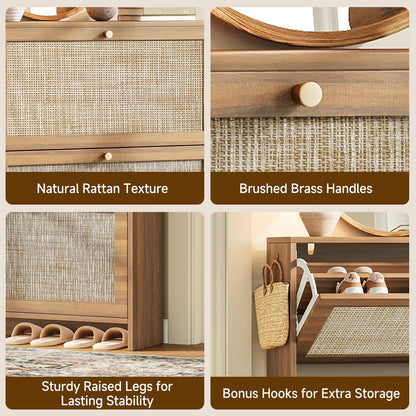 Nicetree Shoe Cabinet Storage for Entryway, 4-Flip Drawer Narrow Shoe Rack, Organic Modern Rattan Shoe Organizer with Gold Legs, Shoe Organizer Fits Men's Size 13.5, Toasted Caramel Walnut