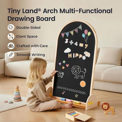 Tiny Land Kids Easel – Large 22"x40.5" Writing Area Double-Sided Magnetic Chalkboard & Whiteboard, Wooden Arch Drawing Board with Stand, Toddler Art Easel with Letters & Animal Magnets