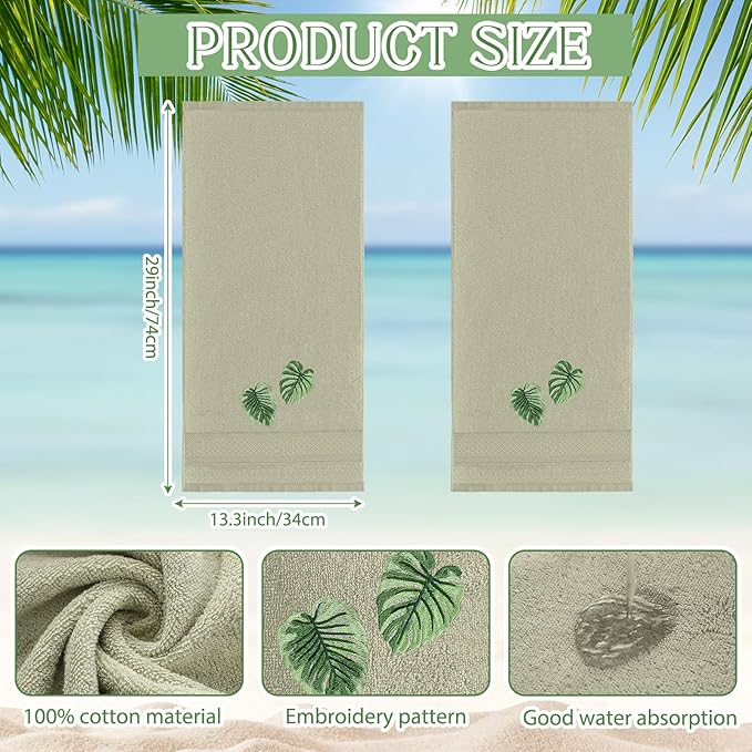 2 Pcs Tropical Palm Leaves Hand Towels Gray Green Bathroom Decor 14x29 Inch