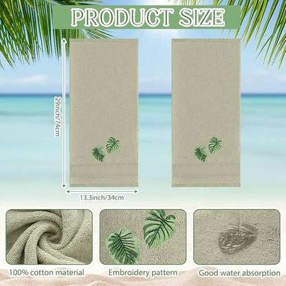 2 Pcs Tropical Palm Leaves Hand Towels Gray Green Bathroom Decor 14x29 Inch