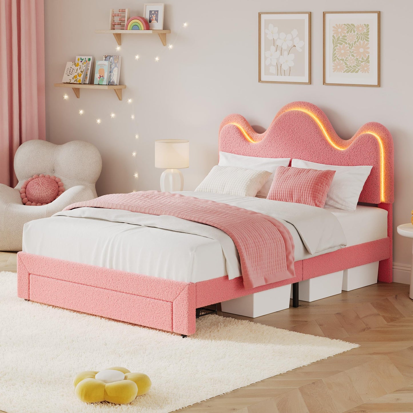 Garvee Full LED Bed Frame with Adjustable Wavy Headboard and Storage Drawer, Upholstered Princess Platform Bed for Kids, Lamb Fleece Fabric, Wooden Slats Support, No Box Spring Needed, Pink
