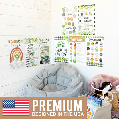 Hadley Designs 8 Calming Corner Posters for Classroom Must Haves - Calm Down Corner Supplies with Emotions Chart, School Counselor Mental Health Poster, Feelings Chart For Kids, Boho Classroom Decor