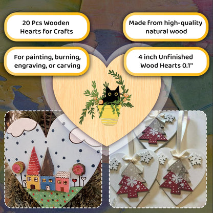 20 Pcs Wooden Hearts for Crafts 4 inch Unfinished Wood Hearts 0.1'' Thickness Heart Shaped Wood Sheets Unfinished Wood Ornaments for Wedding DIY Crafts Painting Burning Engraving Carving Coasters