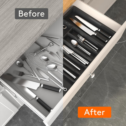 Lifewit Silverware Drawer Organizer, Expandable Utensil Tray for Kitchen, BPA Free Flatware and Cutlery Holder, Adjustable Plastic Storage for Spoons Forks Knives, 8.5"-14.1" x 12.1", Black