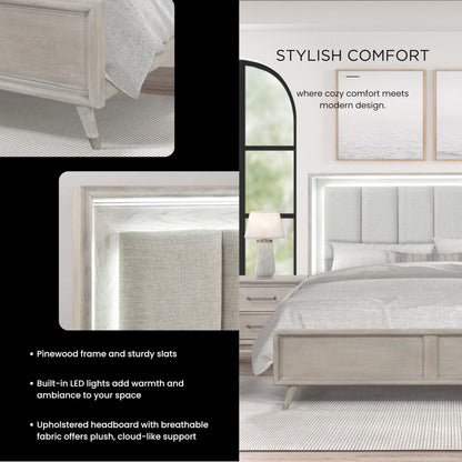 Roundhill Furniture Seluna 6-Piece Bedroom Set with Touch LED Lighting, Gray Oak Finish, King