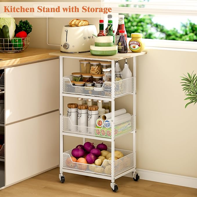 ThreeHio Rolling Kitchen Microwave Cart with Fruit Baskets, 4 Tier Microwave Table Stand with Storage, Kitchen Storge Shelf on Wheels Small Rolling Cart Organizer Rack for Pantry, Living Room