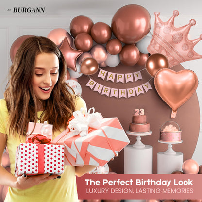 BURGANN Rose Gold Birthday Party Decorations Set, White Silver Gold Balloon Garland Kit with Banner, Crown, Champagne Bottle, Foil Backdrop