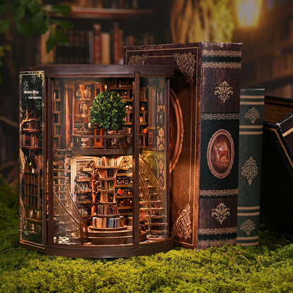 obzergem Book Nook Kit - Wisdom Rings Book Archive - Wooden Bookend and 3D Puzzle with LED Light, DIY Set for Adults, Bookshelf Decoration Diorama Kit, for Birthdays