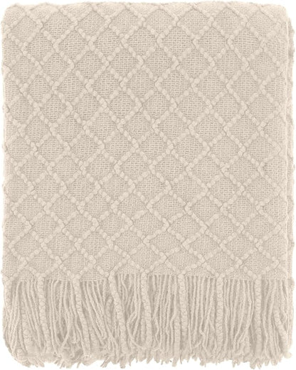 CREVENT Farmhouse Boho Knitted Throw Blanket for Couch Sofa Chair Bed Home Decoration, Soft Warm Cozy Light Weight for Spring Summer Fall (60''X80'' Beige)