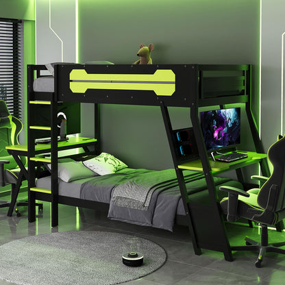 DNYN Gaming Bunk Bed with Dual Built-in Desks and USB Ports for Teens/Adults Bedroom, Twin Size Wooden Bed Frame with Pegboard Organizer/Ladder/Guardrails, No Box Spring Needed & Space-Saving