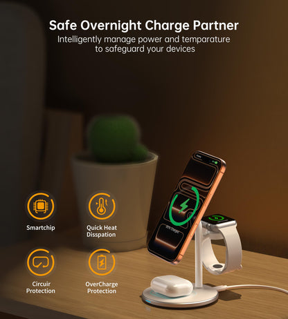 XooFly 3 in 1 Wireless Charging Station for Apple Devices, Fast Wireless Mag-Safe Charger Stand with 20W Adapter for iPhone 17 16 15 14 13 12 Pro Max/Air/Plus/Pro,iWatch,AirPods-Gift for Wife&Husband