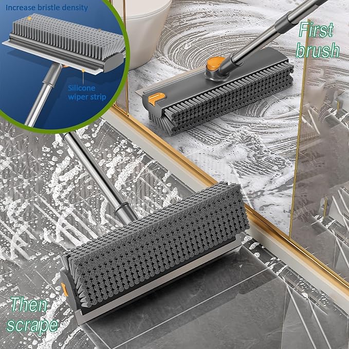 Floor Scrubbing Brush with Squeegee, 2 in 1 Grout Brush with 54" Adjustable