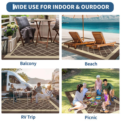 Garvee Patio Rugs Outdoor 9x18 Plastic Straw Rug Modern Reversible Camping Carpet, Waterproof Bordered Outdoor Mat with 4 Stakes and Storage Bag for RV, Picnic, Backyard, Deck, Balcony, Porch, Beach