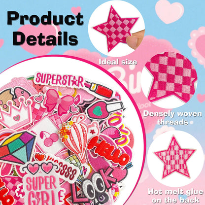 60Pcs Random Pink Iron on Patches for Girls, Assorted Cute Iron on/Sew on Appliques for Clothes, Dresses, Hats, Socks, Jeans, DIY Accessories