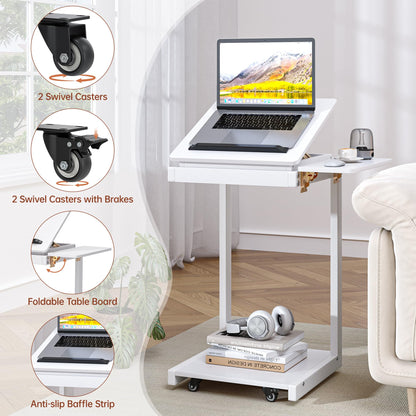 OtterOasis C Shaped End Table, Rolling Side Table with 4-Way Convertible Desktop, Wooden C Table with Multi-Functional Folding Tray & Small Chair, Side Table for Couch, Living Room, Bedroom, White