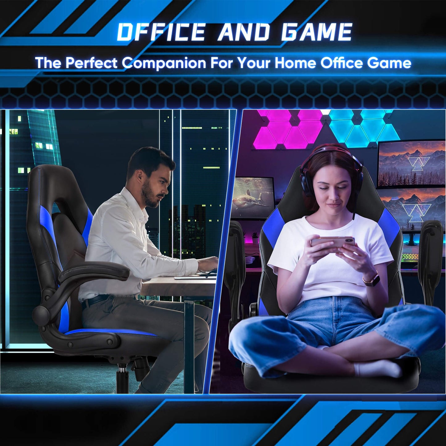 OLIXIS Computer Gaming Chair - PU Leather Ergonomic Lumbar Support with Flip-up Armrest and 360° Swivel Wheels, Height Adjustable Task Home Office Desk Video Racing, Blue