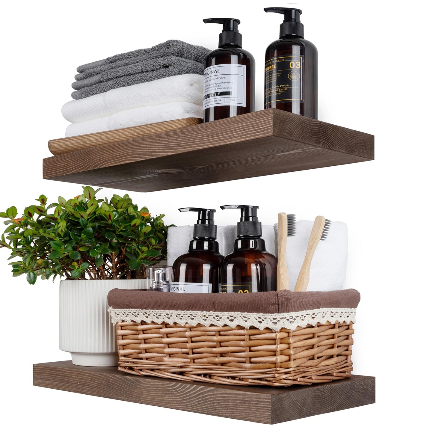 BGMG Wood Floating Shelves for Wall 18 inch Set of 2, Rustic Wooden Wall Mount Shelves for Bathroom Living Room Bedroom Kitchen Farmhouse -18x 6.7 x1.25 inch- Walnut Color