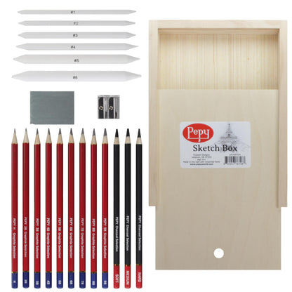 Pepy Sketching and Drawing Set in Wood Carrying Box: 3 Charcoal Pencils, 8 Graphite Pencils, Sharpener, Eraser, and Set of 6 Blending Stumps