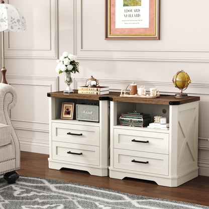 Yusong 23.62” Tall Farmhouse Nightstand, Rustic Wooden Night Stand with Charging Station, Beside Table with Drawers and Open Storage, End Tables for Bedroom, Cream White 003