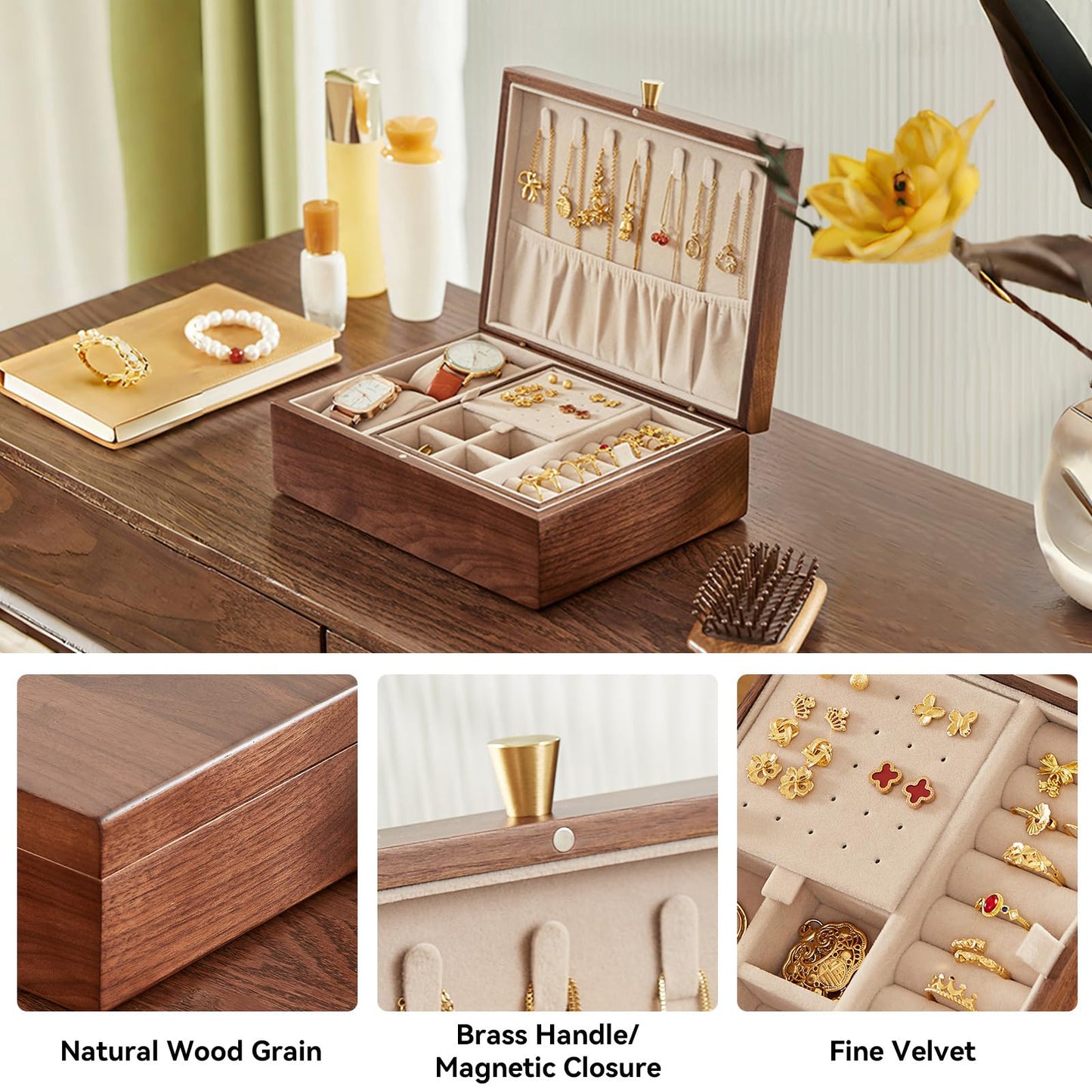 CHOSIN Black Walnut Wooden Jewelry Box for Women 2 Layer Jewelry Organizer with Removable Tray for Watches Rings Earrings Necklace Bracelets Storage, Ideal Gift for She, Fathers Day Gift