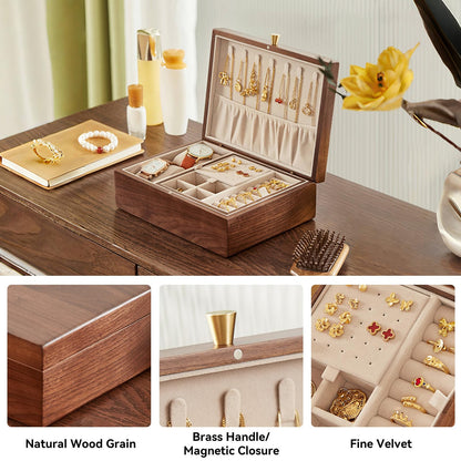 CHOSIN Black Walnut Wooden Jewelry Box for Women 2 Layer Jewelry Organizer with Removable Tray for Watches Rings Earrings Necklace Bracelets Storage, Ideal Gift for She, Fathers Day Gift