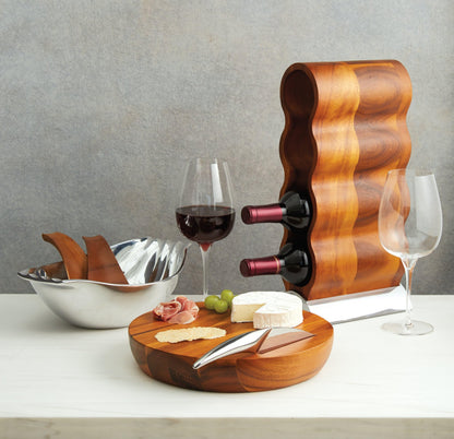 Nambé Curvo Wine Rack - 4-Bottle - Modern Sculptural Holder with Acacia Wood Frame & Nambé Alloy Base, Elegant Countertop Storage for Dining Room, Kitchen Bar & Home Décor