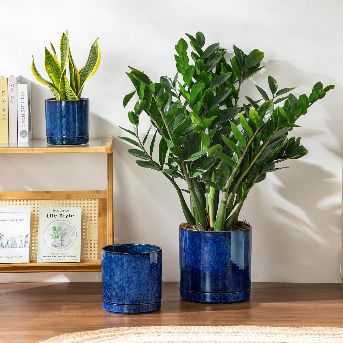 vancasso Ceramic Planters, Plant Pots for Indoor Plants, 6.25+8.25+10.25 Inch Ceramic Pots for Plants, Flower Pots with Drainage Holes (Blue, 6.25+8.25+10.25 Inch)