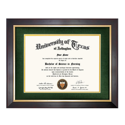 GMFrames 8.5x11 Wood Diploma Frame with Green Mat or Display 11x14 Certificates without Mat,Tempered Glass,Deep Brown Finish with Gold Trim