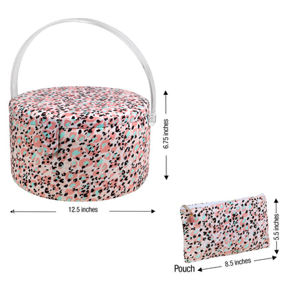 SINGER Large Round Sewing Basket with Emergency Travel Sewing Kit & Matching Zipper Pouch - Rose Pink Leopard Print