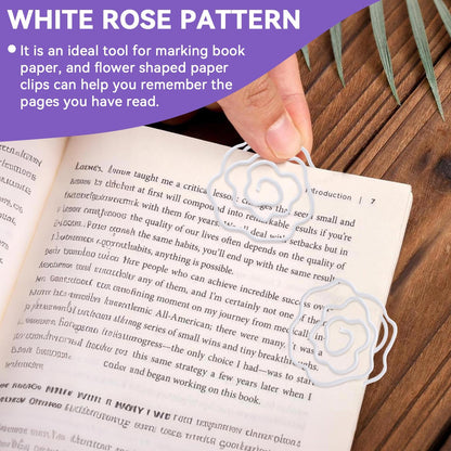 Flower Shaped Paper Clips, 100PCS Floral Paper Clips White Rose Shape Paperclips Decorative Paperclips Bookmarks with Box for Office Home School Supplies