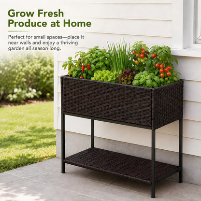Chonsun Raised Garden Bed - 3x1.5x2.5 ft Rattan Raised Bed Wicker Elevated Raised Garden Bed with Underneath Tool Storage Rack Shelf, Outdoor Raised Flower Planter Box