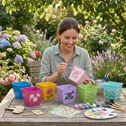 Ferrochef 6 Sets Flower Pot Painting Kit DIY 6 Colorful Metal Iron Plant Pots Acrylic Paint Stickers Brushes Plant Labels Gardening Tool Kit for Planting Crafts Mother's Day Graduation Creative Gift