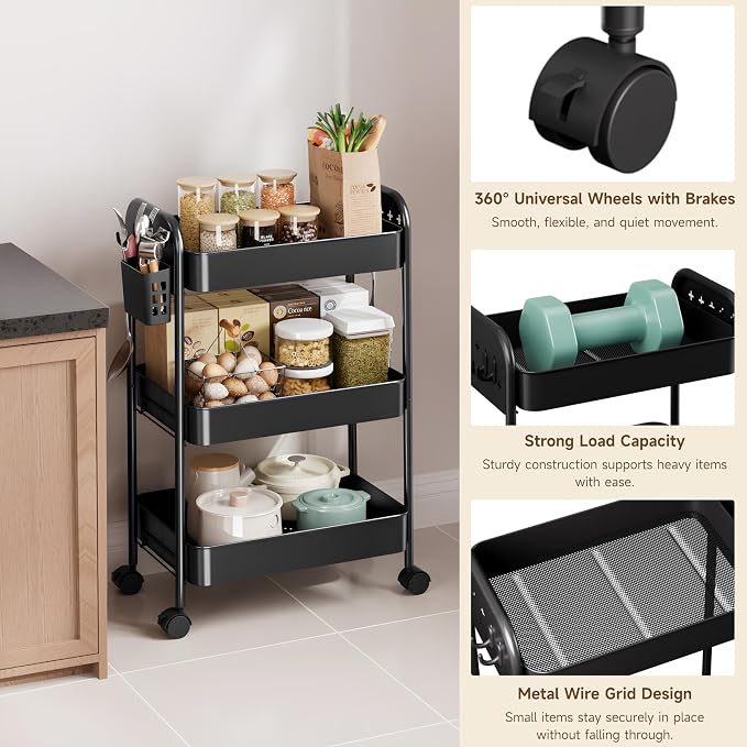 Heavy-Duty Rolling Cart 3 Tier Metal Utility Storage Cart with Casters, Hanging Cups, Hooks, Book Snack Craft Mesh Rolling Storage Organizer for Kitchen Office